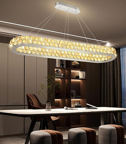 47'' Modern Oval Chandelier Crystal Chandeliers for Dining Room Round Ceiling Light Fixture for Living Room Lighting LED Dimmable with Remote Ring Lights Silver