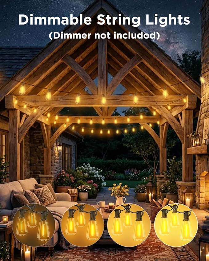 VOLIVO 100FT Outdoor String Lights for Patio, Waterproof Hanging Lights with 35+1 Shatterproof ST38 Edison Bulbs, Dimmable & Connectable Outside String Light for Backyard, Deck, Porch, Balcony