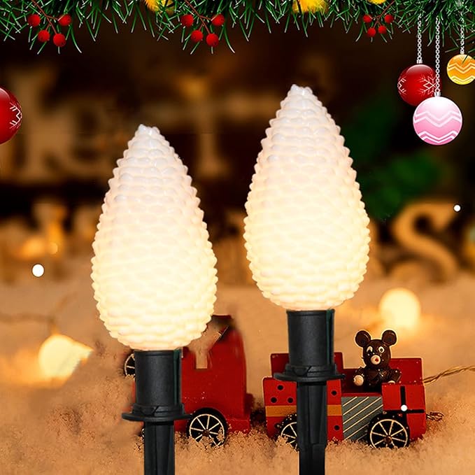Abeja C9 Christmas Pathway String Lights, 14Ft LED Pinecone Pathway Stakes with 8 Pine Cone Lights, Christmas Lights Outdoor Yard Decorations for Walkway & Driveway Use-2 Sets