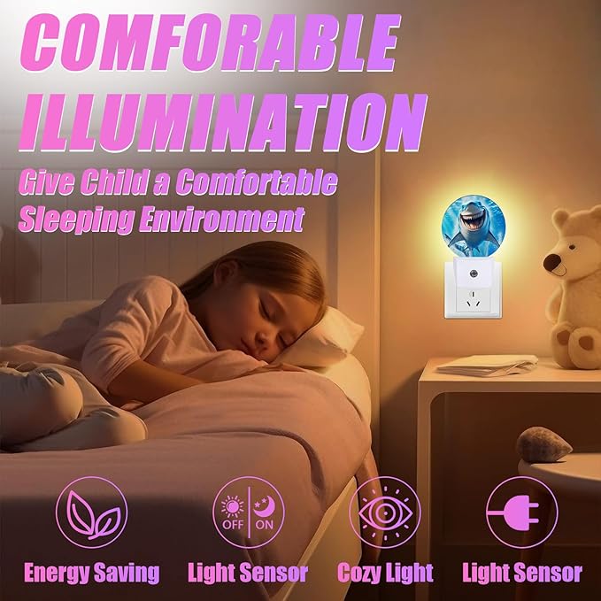 Funny Shark Night Light Sea Animals Night Lights LED Lamp Round Plug into Wall Nightlight with Dusk to Dawn Sensor Home Hallway Stairway Kitchen Decor