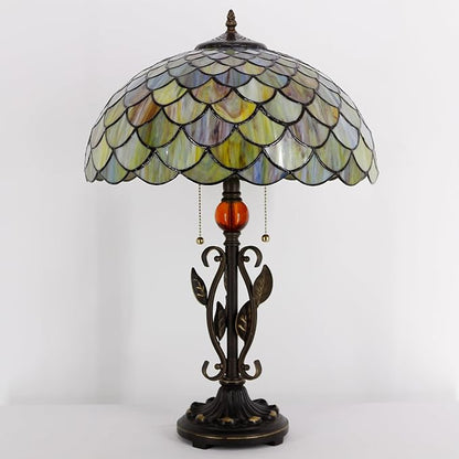 Tiffany Table Lamp Fish Scales Stained Glass Desk Reading Light 16X16X24 Inch Metal Leaf Base for Bedroom Living Room Home Office