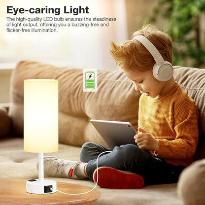Fenmzee Matte White Bedside Table Lamp for Bedroom - 3 Way Dimmable Touch Lamp USB C Charging Ports and AC Outlet, Small Lamp Round Flaxen Fabric Shade for Living Room, Desk, LED Bulb Included