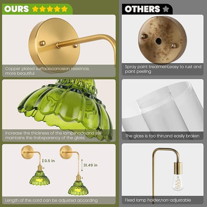 Vintage Wall Sconce Set of Two, Battery Operated Wall Sconces with Green Glass Lampshade, Wireless Wall Sconces with Remote, Rechargeable Wireless RGB Wall Lights for Bedroom Living Room etc