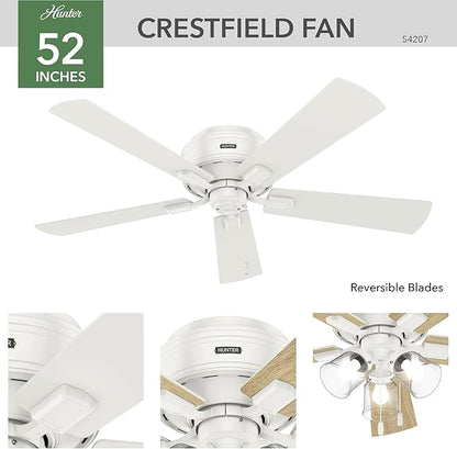 Hunter 52 inch Indoor Ceiling Fan with LED Lights and Pull Chain - Low Profile Flush Mount White Ceiling Fan, 5 Blades, For Bedroom, Living Room, or Kitchen, Quiet - Crestfield 54207, Fresh White