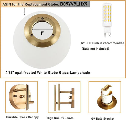 BYOLIIMA Gold Globe Wall Sconce, 7.5" W x 20" H, G9 Base, Compatible with LED or Halogen Bulbs, Perfect for Bathroom, Kitchen, Living Room, Home Office, Lobby, Bedroom