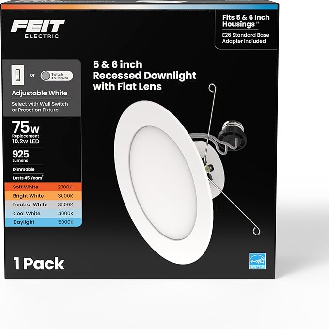Feit Electric 6in LED Recessed Downlight, 75W Equivalent, Adjustable White 2700K–5000K, Switch-Selectable Color Temperature, Dimmable, E26 Retrofit, 10.2W, 50,000-Hour Lifetime, LEDR56F/6WYCA