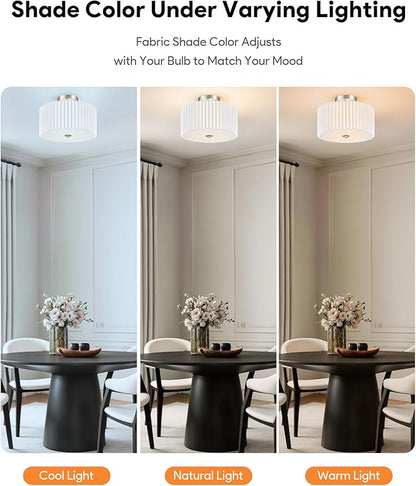VONLUCE Semi-Flush Mount Ceiling Light, 12.2" Modern 2-Light Ceiling Light Fixture with White Pleated Drum Shade 2 E26 Sockets for Bedroom Entryway Living Room, Nickel Finish, ETL Certificated