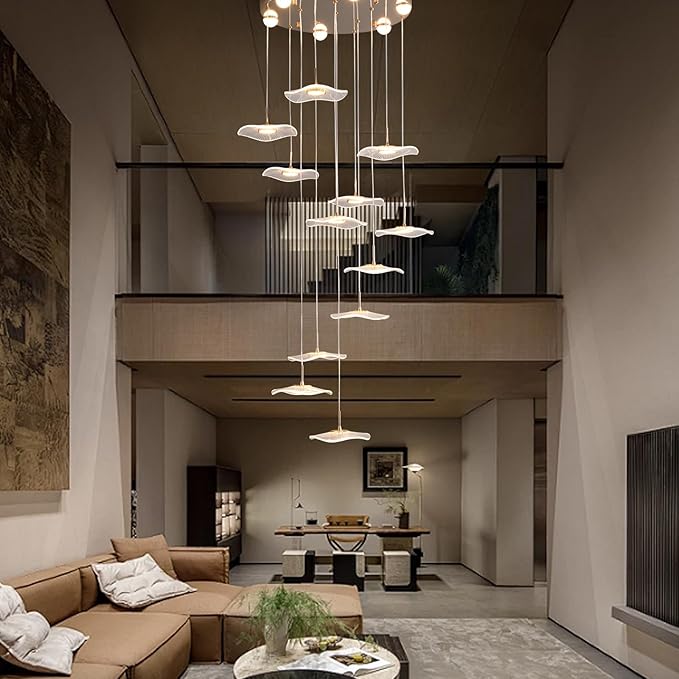 GEADI High Ceiling Chandelier,Petal Dimmable Modern LED Pendant Light with Remote Control,12-Light Height Adjustable Foyer Chandelier,Suitable for Staircase,Living Room,Entryway（Gold ）