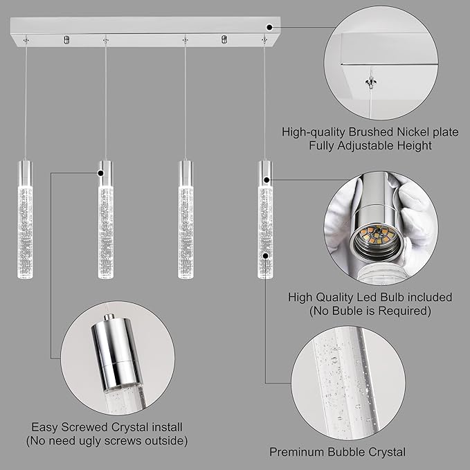 4 Light Pendant Lights Kitchen Island, Modern Chrome Crystal Pendants with Dimmable 3000K-6000K LED Ceiling Hanging Light Fixture for Dining Room Bedroom, Adjustable Height 59"