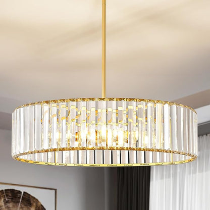 YURNYQ Gold Crystal Chandelier for Dining Room, 6-Light Modern Semi Flush Mount Chandelier Lighting Fixtures, Round Kitchen Hanging Drum Pendant Lights Ceiling for Living Room Bedroom Foyer, 19.6 Inch
