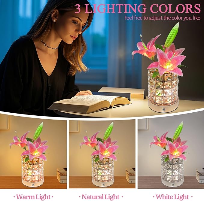 Lily Flower Lamps, Rechargeable Cordless Small Desk Lamp, 3 Colors Dimmable Artificial Flowers Night Light, Fake Bouquet 3 Lilies with Crystal Vase for Home Date Party Decoration (Pink - Lily)