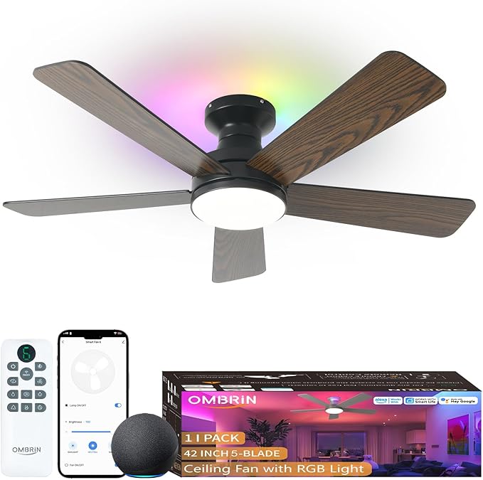 42 Inch Ceiling Fans with Lights, Smart Ceiling Fan with Alexa Google App, Black Ceiling Fan with RGB Lights Remote, 6 Speeds Reversible DC Motor, Modern Flush Mount for Bedroom Living Room