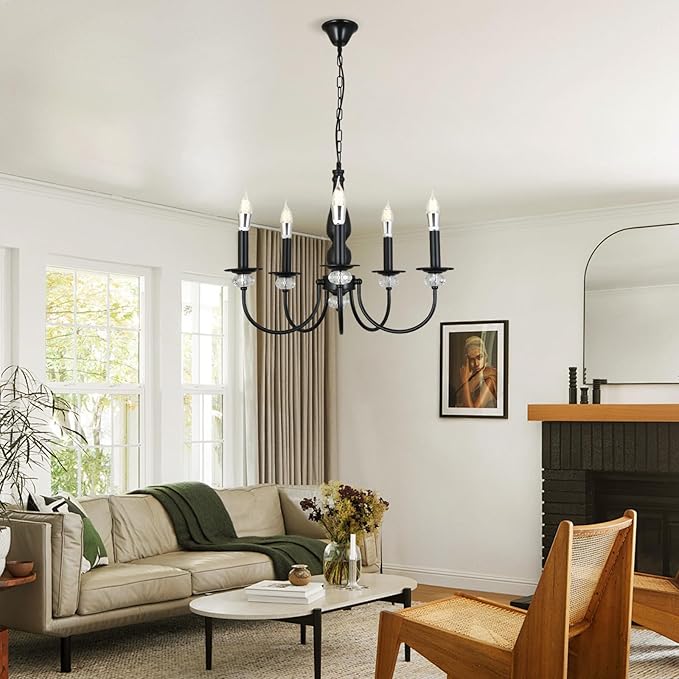 Black Chandelier, 5-Light Farmhouse Candle Chandelier for Living Room, Rustic Industrial Pendant Chandeliers for Dining Room, Vintage Crystal Hanging Light fixture for Hallway Kitchen Foyer E12