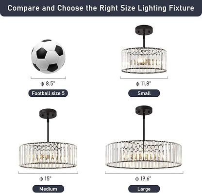 YURNYQ Black Crystal Chandelier for Dining Room, 4-Light Modern Semi Flush Mount Chandelier Lighting Fixtures, Round Kitchen Hanging Drum Pendant Lights Ceiling for Bedroom Entryway Foyer, 15 Inch