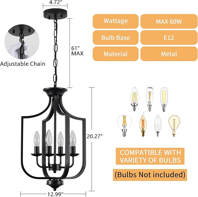 12.99'' Black Chandelier 4-Lights Modern Farmhouse Lantern Chandeliers for Dining Room Rustic Metal Cage Industrial Pendant Light Fixture Vintage Chandelier for Foyer Kitchen Entryway Living Room E12