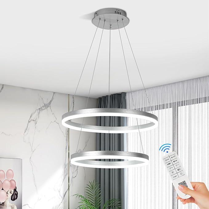 2-Rings Modern LED Chandelier Silver for Dining Room, Dimmable Pendant Lighting with Remote Control Circular Flush Mount High Ceiling Light for Bedroom Living Room Foyer, 3000K-6500K