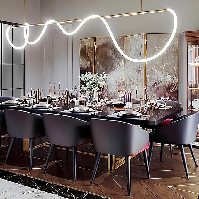 SMG Modern LED Linear Pendant Light for Dining Room, Dimmable Gold Chandelier for Office, 59" DIY Ceiling Chandelier Light with Remote Control Stepless Dimming, Restaurant Kitchen Long Hose Lamp