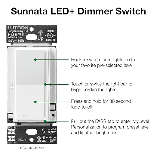 Lutron Sunnata Touch Dimmer Switch with Sunnata Accessory Switch with Wallplates, for 3 Way Applications, 150W LED, White