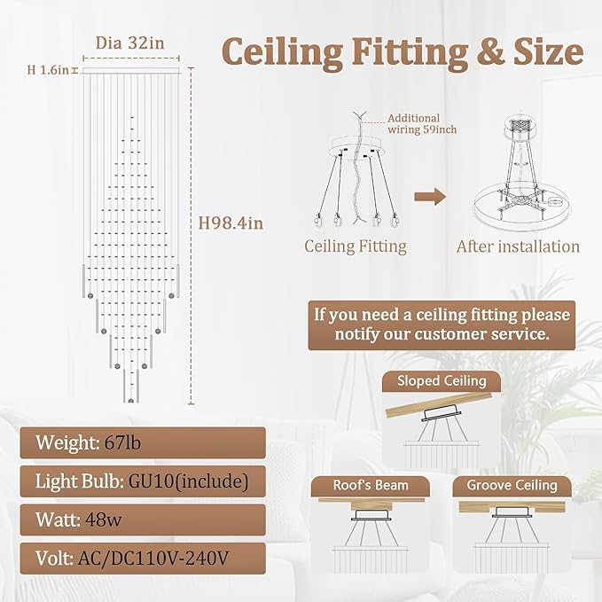 D32''X H100'' Large Crystal Chandelier Lighting, Modern LED Round Raindrop Flush Mount Ceiling Light Fixture for Hotel Staircase Hallway Modern Crystal Chandelier Suitable for Sloping Ceiling