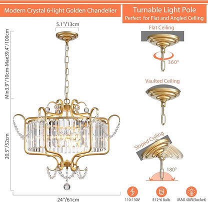 Modern Crystal Chandelier for Dining Room 24" Large Gold 6-Light Farmhouse Pendant Lighting Fixtures for Living Room Kitchen Island Hallway Bedroom Foyer