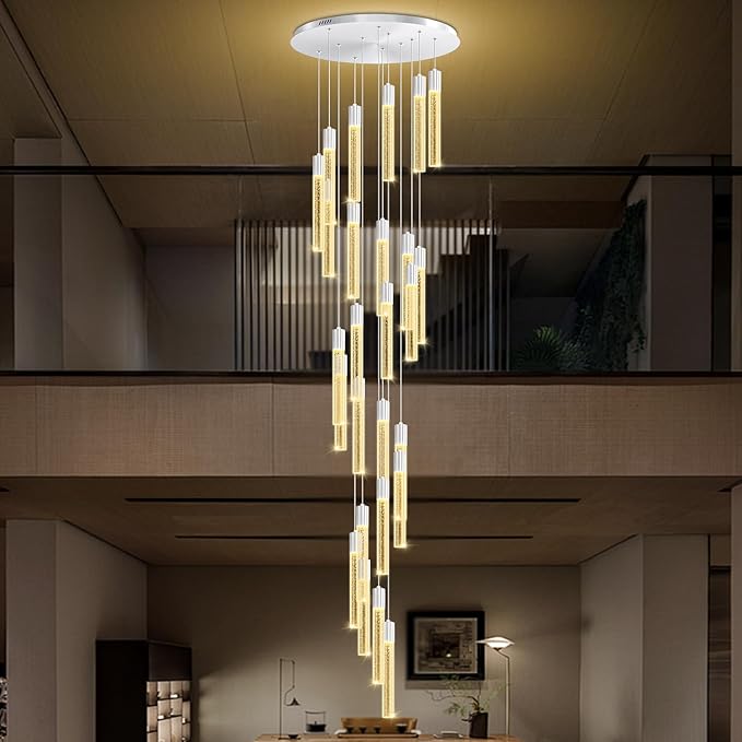12FT High Ceiling LED Crystal Chandelier 26-Lights Modern Dimmable Pendant Lighting for Entryway Living Room Dining Room Staircase Foyer Long Hanging Polished Chrome Glam