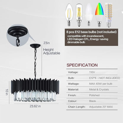 Modern 24" Black Crystal Chandelier Dimmable 8-Lights 3 Tiers Round Chandeliers K9 Crystal Ceiling Pendant Light Fixtures for Living Room Dining Room Bedroom Foyer Entryway