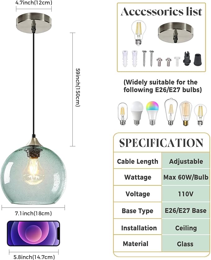 Light Green Glass Pendant Light for Kitchen Island, Includes 1 Bulb & 4.92FT Adjustable Cord, Modern Ceiling Pendant Lights for Kitchen, Dining Room, Living Room (7.1in,)