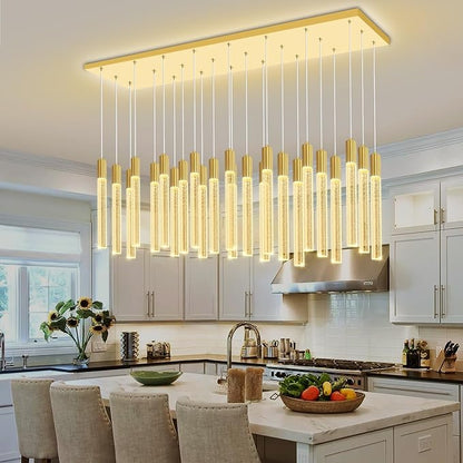 24-Light Rectangular Crystal Chandelier, Large Gold Bubble Crystal Column Pendant Light, Adjustable Height Hanging Chandeliers for Kitchen Island, Living Room, Foyer