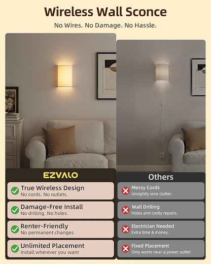EZVALO Battery Operated Wall Sconce, Rechargeable Wall Sconces Set of Two with Remote, 3 Color & 80 RGB Wireless Wall Lights, Dimmable, Timer, Fabric Linen Shade Wall Decor for Bedroom, Living Room