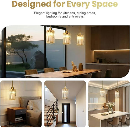 3-Pack Gold Crystal Pendant Lights for Kitchen Island, Adjustable Modern Hanging Light Fixtures for Flat or Sloped Ceiling, E26 Mini Pendant Lights with Crystal Glass Shade for Dining Room Bar