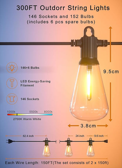 Zuske Outdoor String Lights Waterproof, 300FT Patio Lights with 146 Shatterproof ST38 Globe Bulbs(6 Spare), Connectable Dimmable LED Hanging String Lights for Outside Backyard Porch Balcony(150FT x 2)