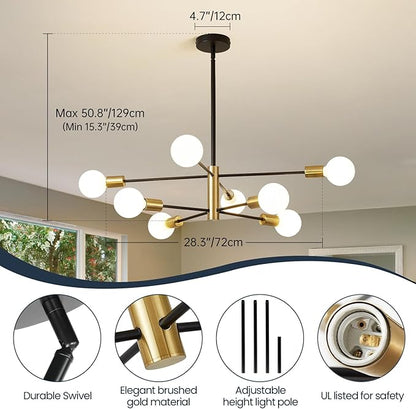 RUIYEY Modern Sputnik Chandeliers Black and Gold Mid Century Chandelier 8-Light Dining Room Light Fixture Height Adjustable Ceiling Lights Farmhouse Chandeliers for Kitchen Island Living Room