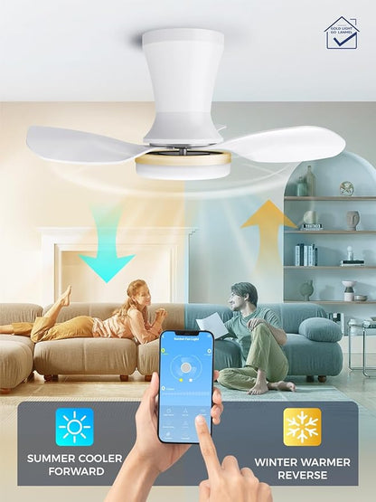 LANMEL 22 Inch Flush Mount Ceiling Fan with Light and Remote, Low Profile Modern Ceiling Fan, 6 Speed, Reversible, 3000k-6500k Dimmable LED, Quiet DC Motor for Indoor Outdoor, White Gold