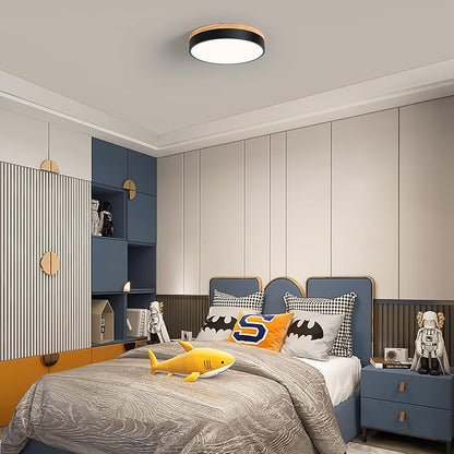 WOKNOS Dimmable Wood Flush Mount Ceiling Light Modern Black LED Ceiling Light Fixture 2700K-6000K Minimalist Round Close to Ceiling Light for Bathroom Hallway Bedroom Entryway Kitchen, 11.81"