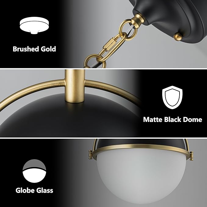Globe Pendant Lights Kitchen Island, Black and Gold 11.4 Inch Pendant Light Fixtures with Milk Globe Glass Shade, Pendant Lighting for Dining Room Cafes Restaurants Living Room