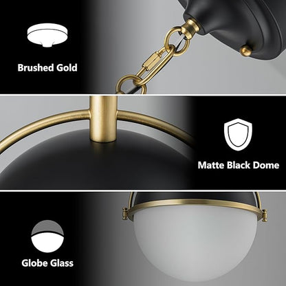 Globe Pendant Lights Kitchen Island, Black and Gold 11.4 Inch Pendant Light Fixtures with Milk Globe Glass Shade, Pendant Lighting for Dining Room Cafes Restaurants Living Room