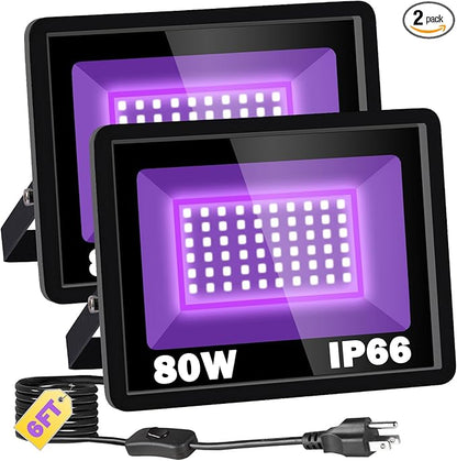 80W Black Light IP66 Waterproof Outdoor Flood Light with 6ft Cord+Plug+Switch, Blacklight Floodlight for Halloween Neon Glow in The Dark Fluorescent Poster Body Paint Bedroom 2 Pack