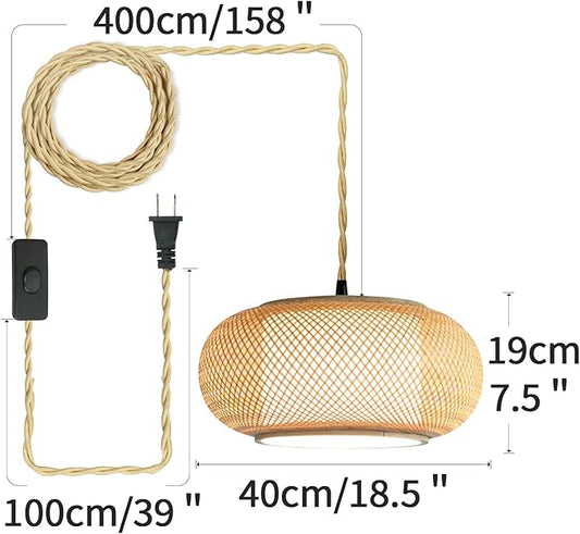 Boho Wabi-Sabi Bamboo Pendant Light, Plug-in Hanging Lamp with 16.7ft Twisted Cord & Switch, Handwoven Rattan Ceiling Fixture for Dining Room, Teahouse, Kitchen Island, Bedroom (40cm（Plug in）)