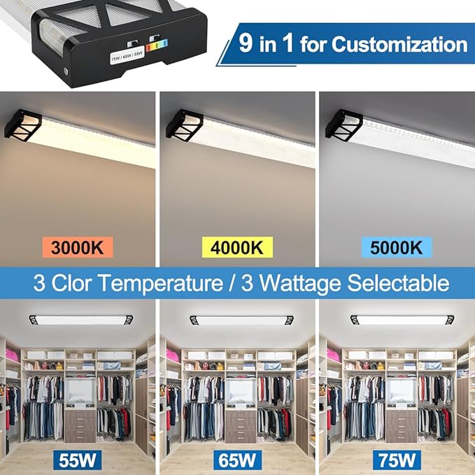 DAKASON 4FT LED Shop Lights for Garage Ceiling with Night Lighting, 48in LED Wraparound Light 75/65/55W 3/4/5000K Selectable, LED Ceiling Light Surface Mount for Office Workshop 4Pack