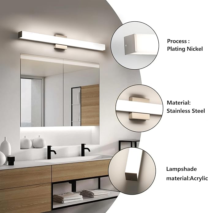 Bathroom Vanity Light Brushed Nickel Square LED 24 inch 14W 4000K Natural White Light Wall Bar Lighting Fixtures Over Mirror (Brushed Nickel, 31.5in 4000K Dimmable)