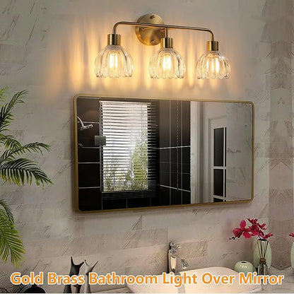 3-Light Gold Brass Bathroom Light Fixture with Clear Tulip Glass Shade,Wall Sconces,Vintage Vanlity Light Over Mirror,Bathroom Wall Light,E26 Socket(Bulbs Not Included)