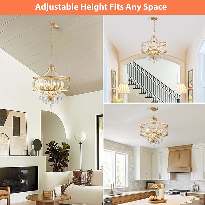 6-Light Modern Gold Crystal Chandelier, 17.7" Farmhouse Ceiling Light Fixture, Hanging Metal Pendant Lights Kitchen Island Dining Room Entryway Foyer