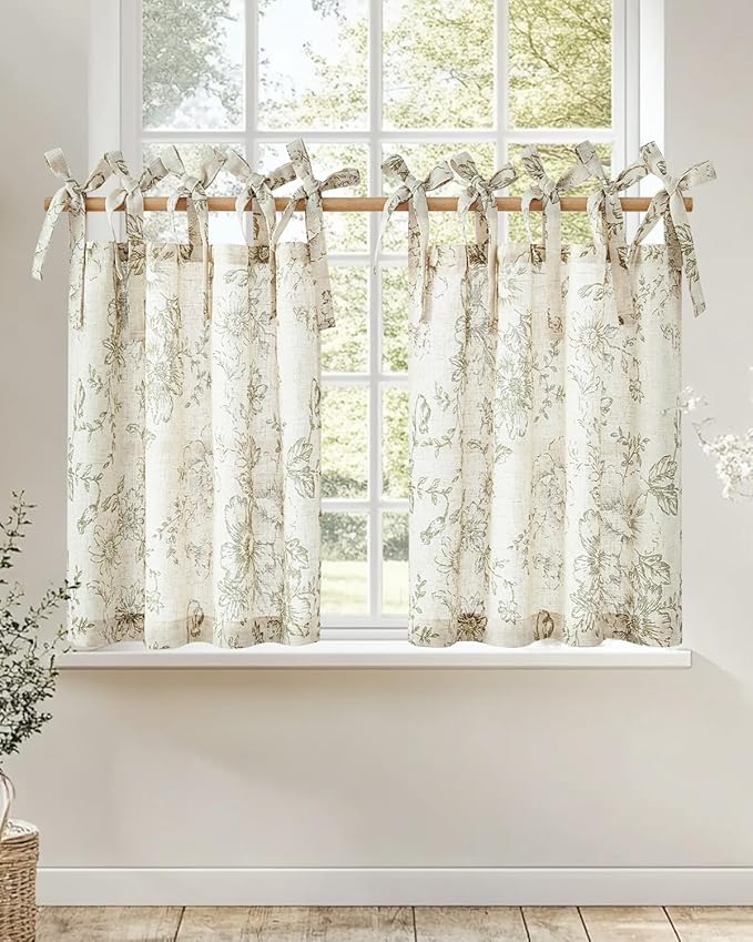 jinchan Floral Linen Tier Curtains 24 Inch Farmhouse Cafe Curtains Tie Top Botanic Drapes for Small Windows Over Sink for Kitchen Country Rustic Laundry Room Bathroom RV 2 Panels Green on Beige