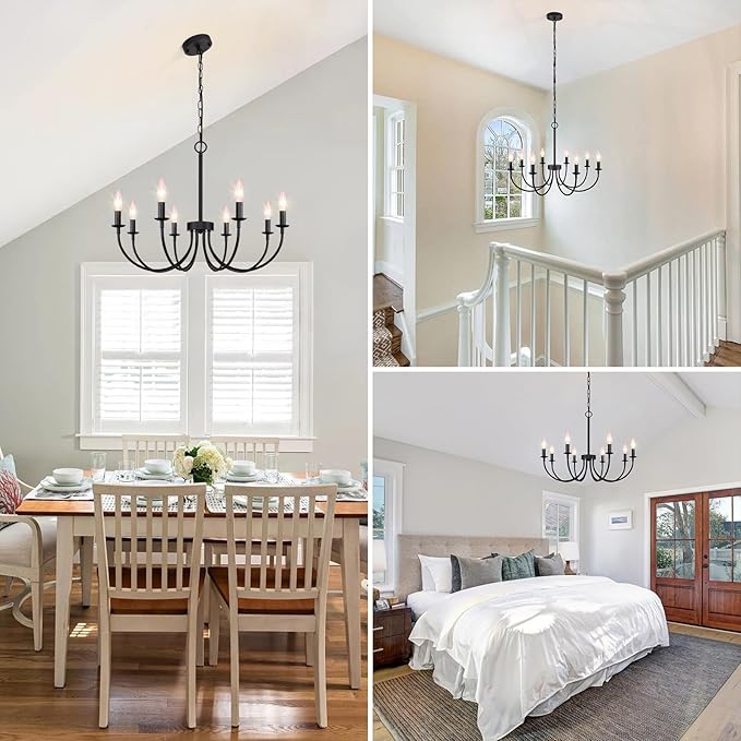8-Light Black Chandelier, 26“ Farmhouse Chandelier for Dining Room Lighting Fixtures Hanging, Rustic Candle Modern Chandeliers for Living Room Bedroom Foyer Kitchen(Frosted Black)