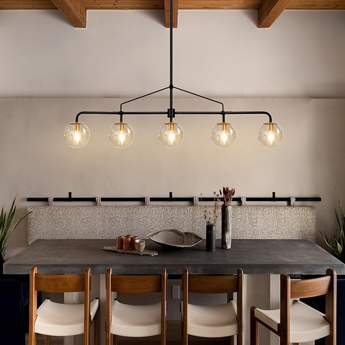 Linear Chandelier for Dining Room 39 Inch Kitchen Island Chandelier Black and Gold Modern 5 Lights Seeded Glass Globe Linear Pendant Light for Farmhouse, Living Room