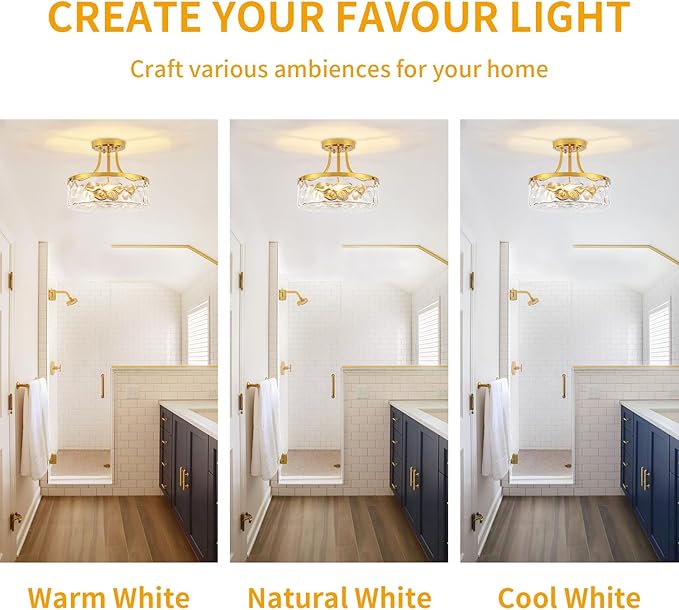 11.81" Modern Gold Semi Flush Mount Ceiling Light Hammered Glass Hallway Light Fixtures Entryway Light Fixture 3-Light Lighting Fixtures for Kitchen Island Dining Room Bedroom Laundry Room Lighting