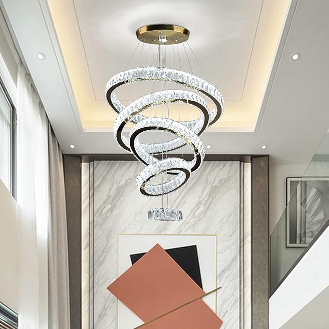 Dixun LED Crystal Chandeliers, Modern 5 Rings Pendant Light Titanium Gold Stainless Steel Height Adjustable Ceiling Light for Bedroom Dinning Room Kitchen (Cool White)