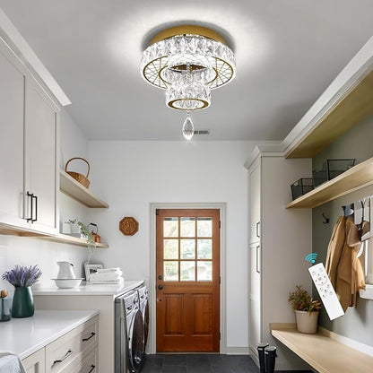 HAIXIANG Modern Glam Ceiling Chandelier Bedroom Light Fixtures Crystal Flat Sloping Ceiling Lights for Hallway Kitchen Dining Room Dimmable Light with Remote Gold