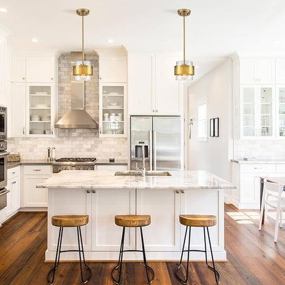 CLAXY Gold Pendant Light Mini Hanging Kitchen Pendant Lighting with Clear Cyliner Shade for Kitchen Sink Dining Bathroom, Adjustable Hanging Rods