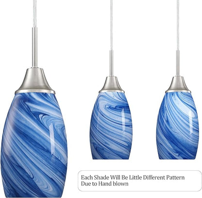Viinew Glass Pendant Light with Handblown Dark Blue Marble Art Glass Shade Ceiling Light 3-Pack Mini Hanging Pendant Light for Kitchen Island,Dining Room,Living,Foyer,Hallway